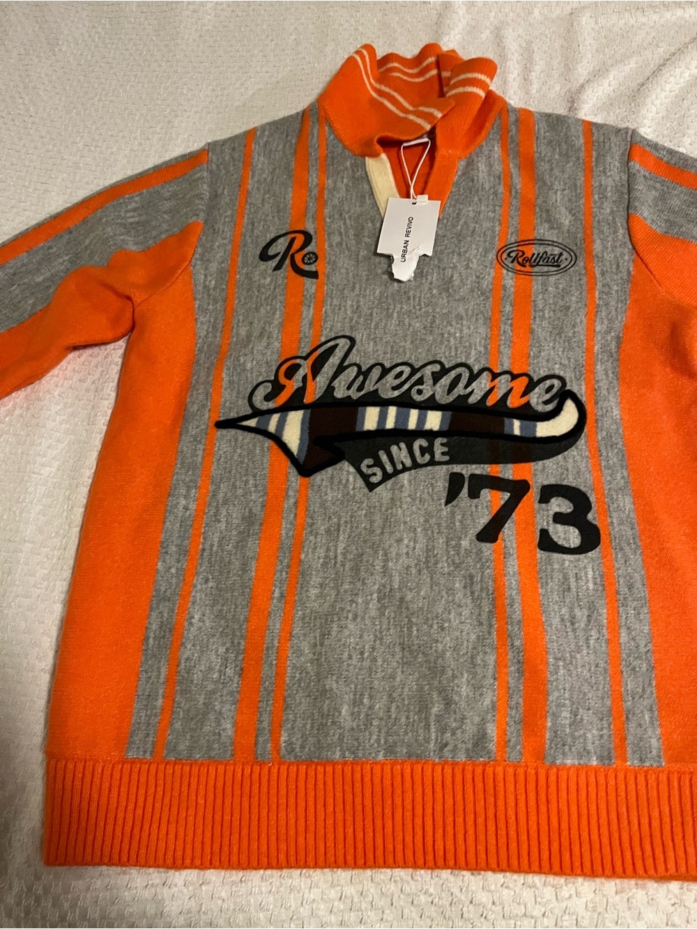 Men's Turtleneck Stripe Sweater in Orange and Gray by RePlast